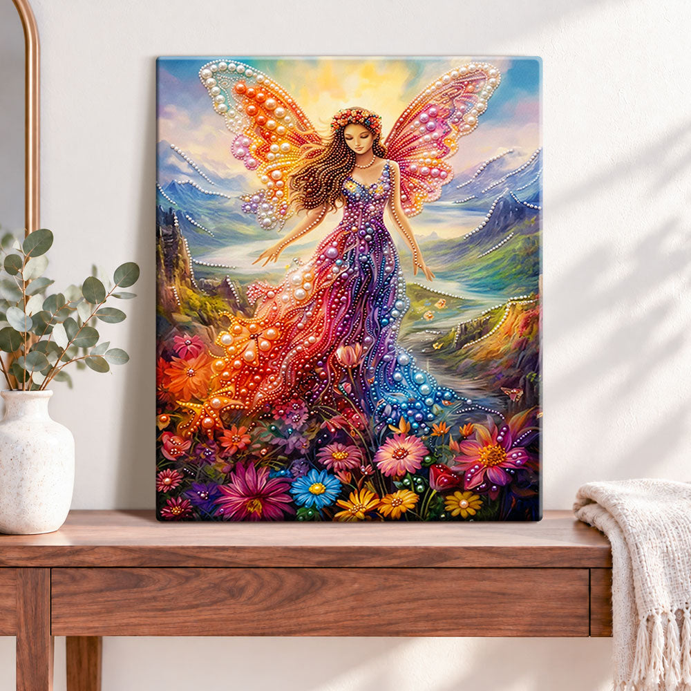 Finished mountain meadow fairy pearl diamond painting artwork displayed as home decor