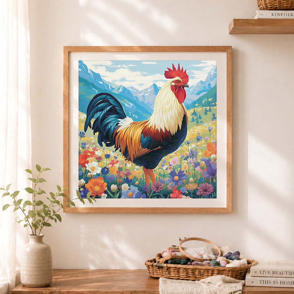 Finished mountain meadow rooster cross stitch artwork displayed as home decor