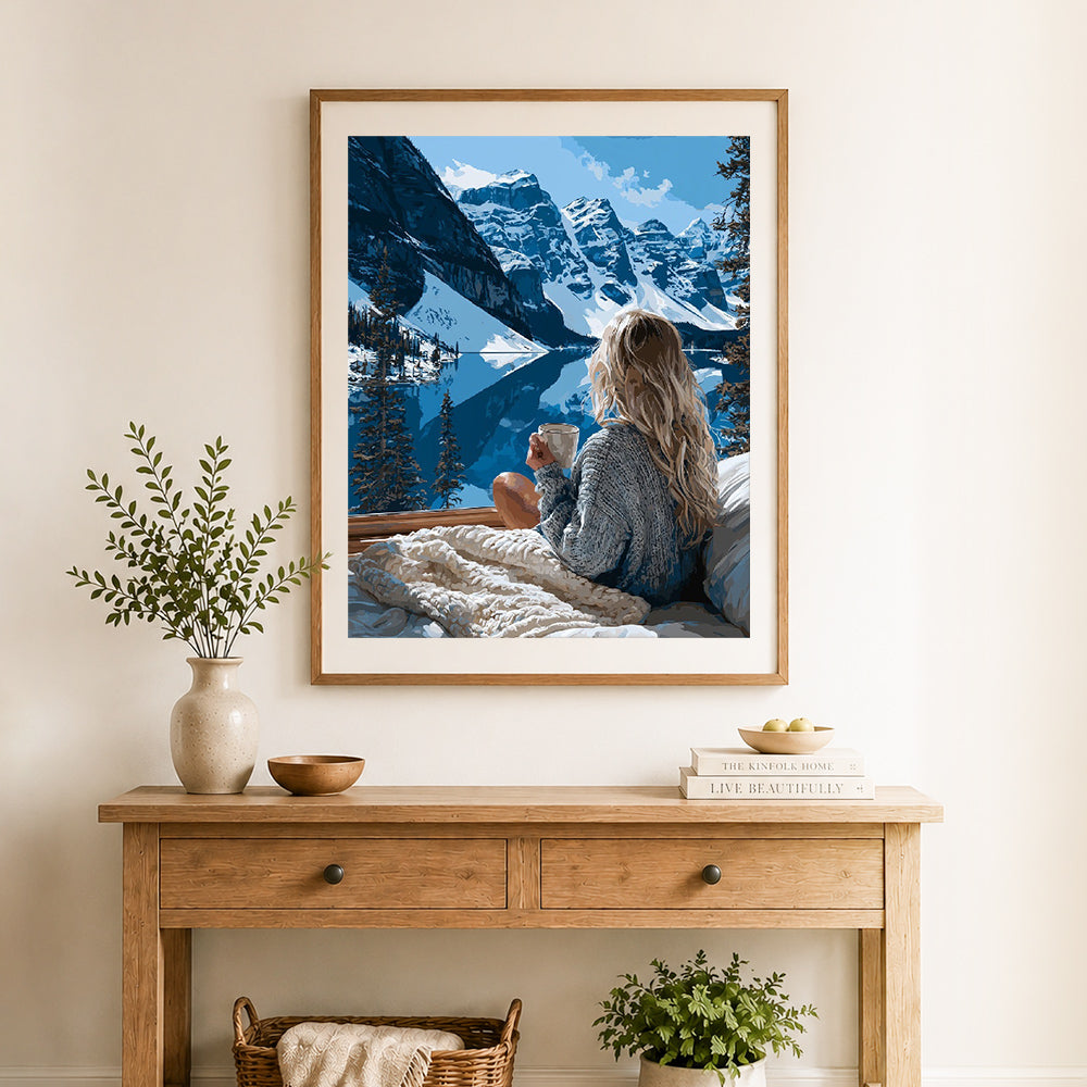 Finished mountain morning coffee cross stitch artwork displayed as home decor