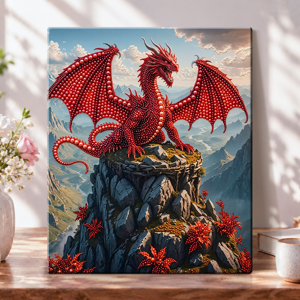 Mountain peak red dragon pearl diamond painting kit for beginners