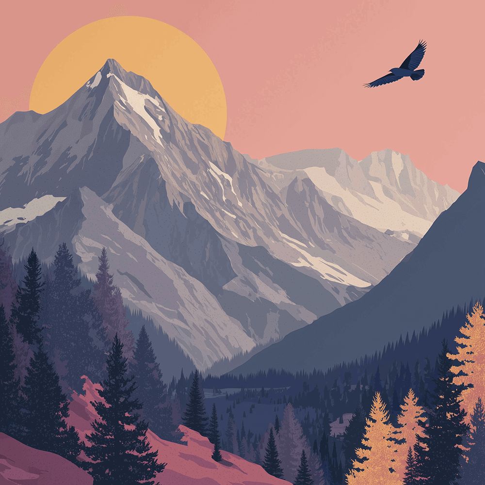 Mountain peak with flying raven cross stitch kit for beginners