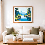 Finished mountain river with bear and cub cross stitch artwork displayed as home decor