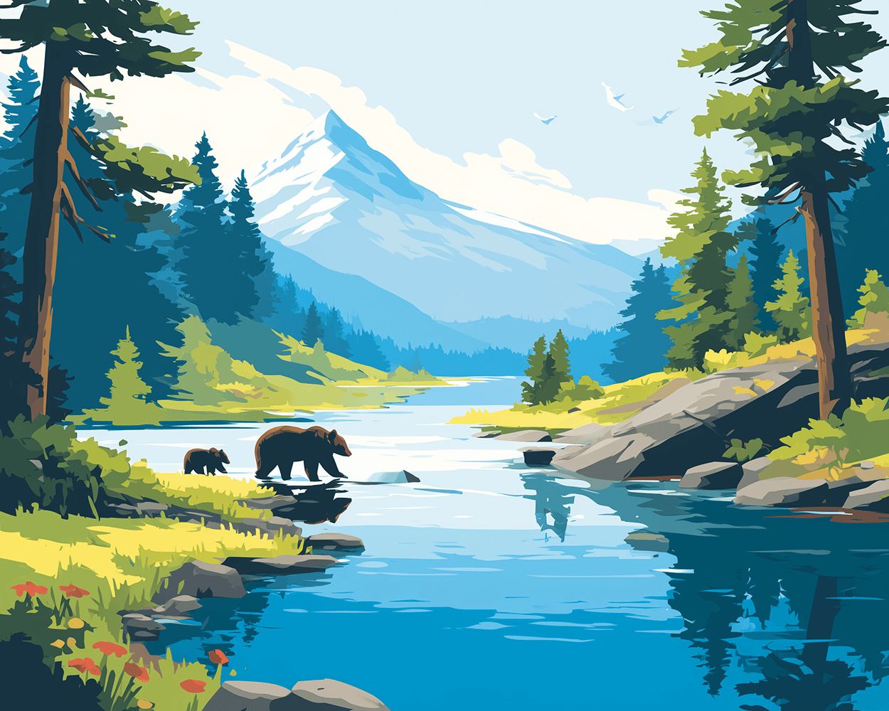 Mountain river with bear and cub cross stitch kit for beginners