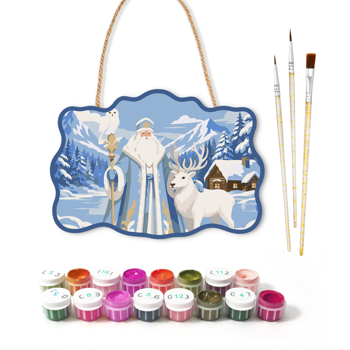 Mountain santa and wildlife paint by numbers door hanger with paints and brushes