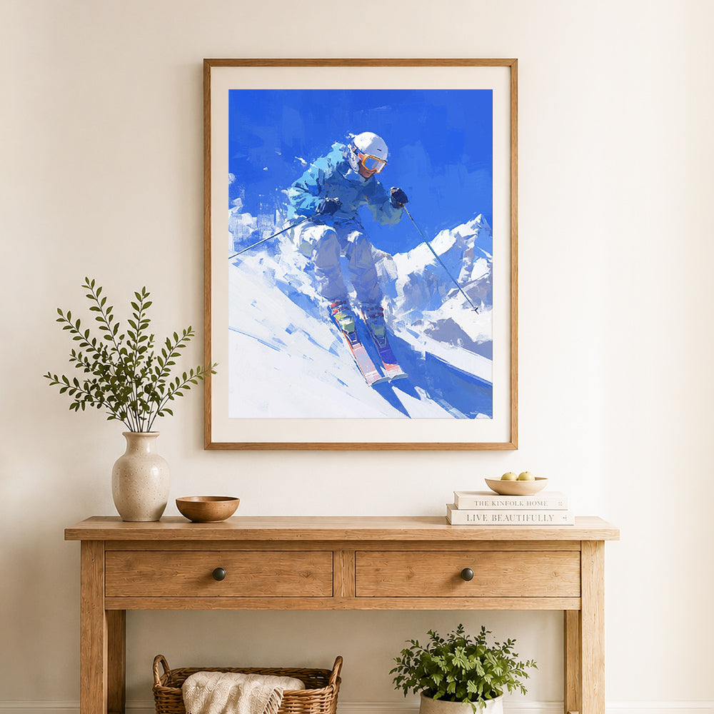 Finished mountain skiing adventure cross stitch artwork displayed as home decor
