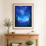 Finished mountain starry night cross stitch artwork displayed as home decor