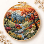 Mountain stream at sunset embroidery kit