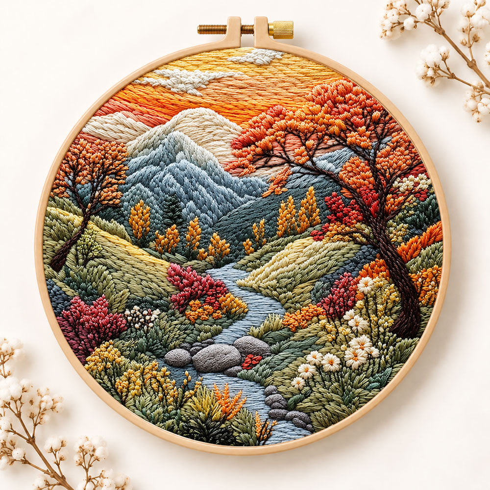 Mountain stream at sunset embroidery kit