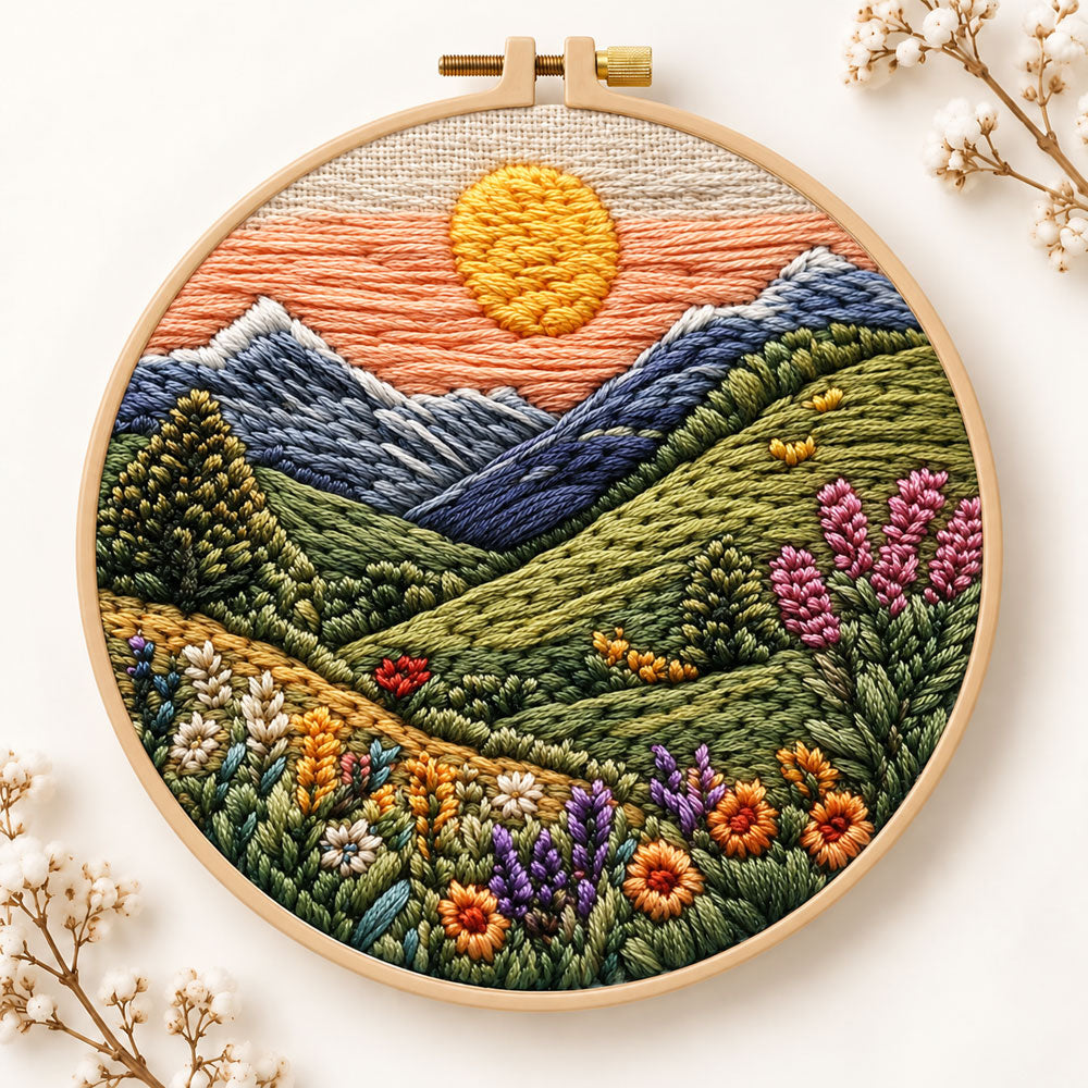 Mountain sunset meadow embroidery kit