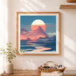 Finished mountain sunset scenery cross stitch artwork displayed as home decor