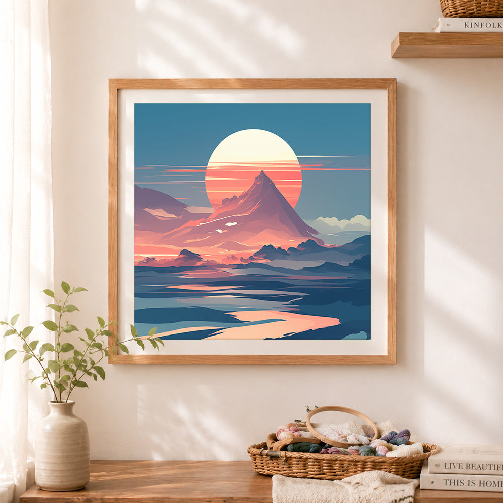 Finished mountain sunset scenery cross stitch artwork displayed as home decor