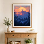 Finished mountain sunset wilderness cross stitch artwork displayed as home decor