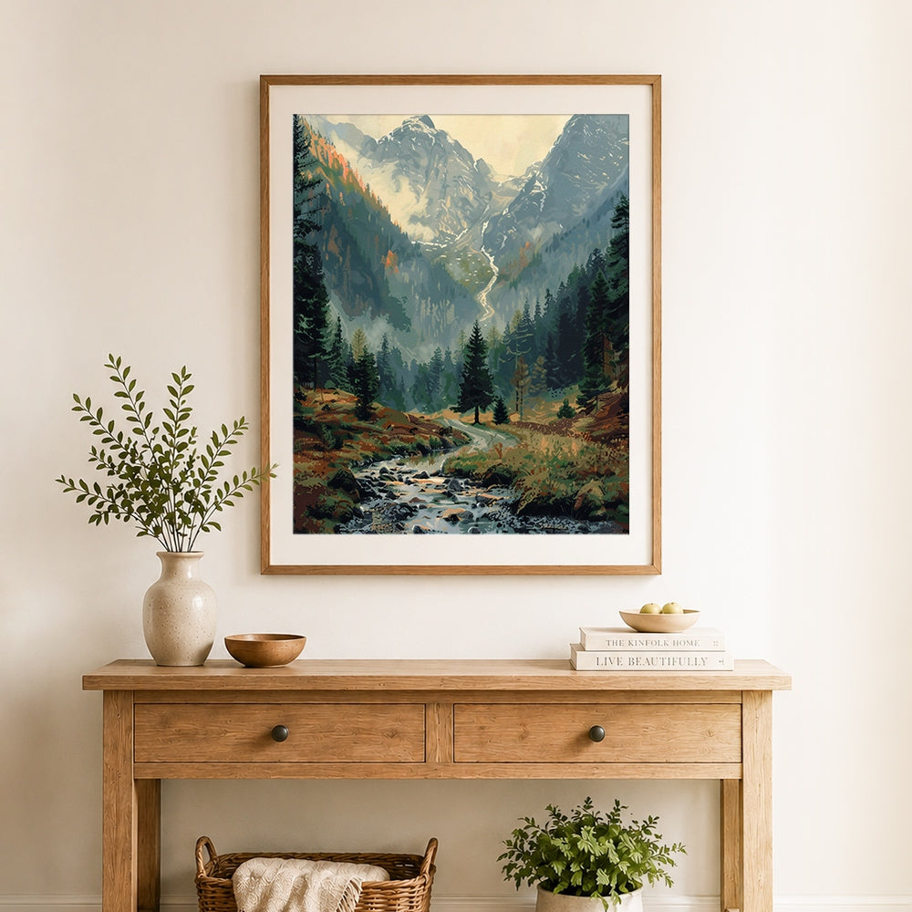 Finished mountain valley with stream and fog cross stitch artwork displayed as home decor