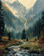 Mountain valley with stream and fog cross stitch kit for beginners