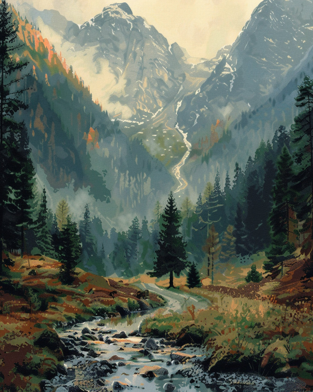 Mountain valley with stream and fog cross stitch kit for beginners