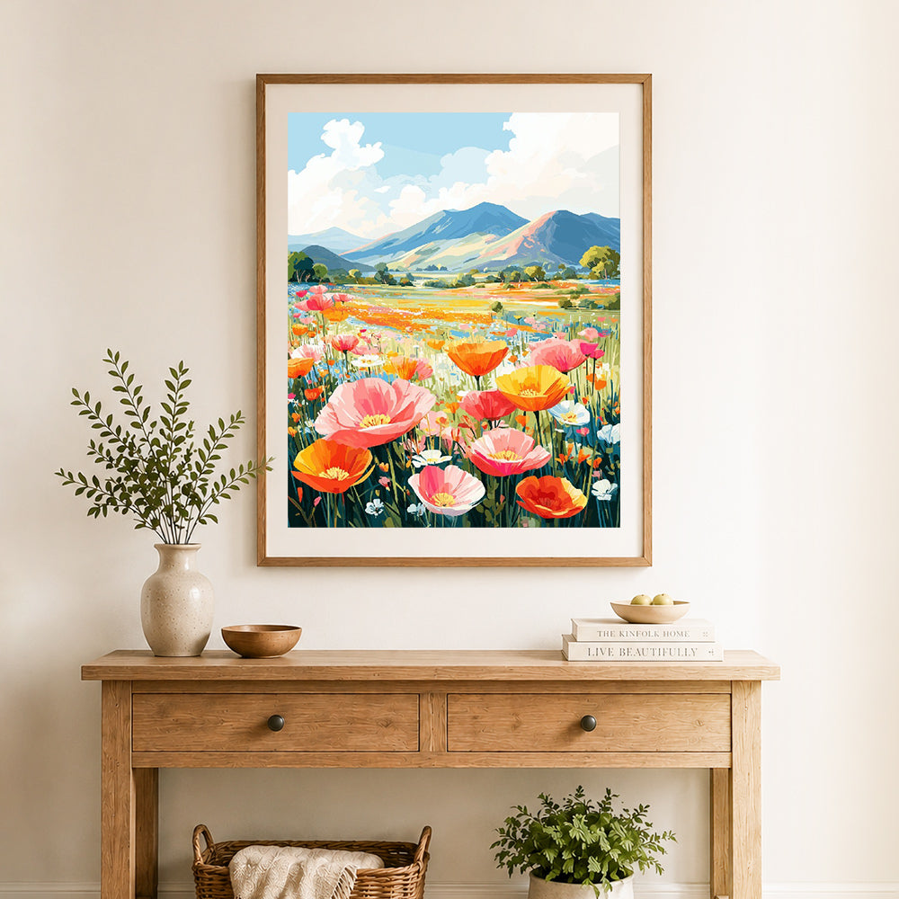 Finished mountain wildflower meadow cross stitch artwork displayed as home decor