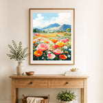 Finished mountain wildflower meadow cross stitch artwork displayed as home decor