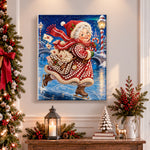 Finished mrs claus ice‑skating pearl diamond painting artwork displayed as holiday home decor