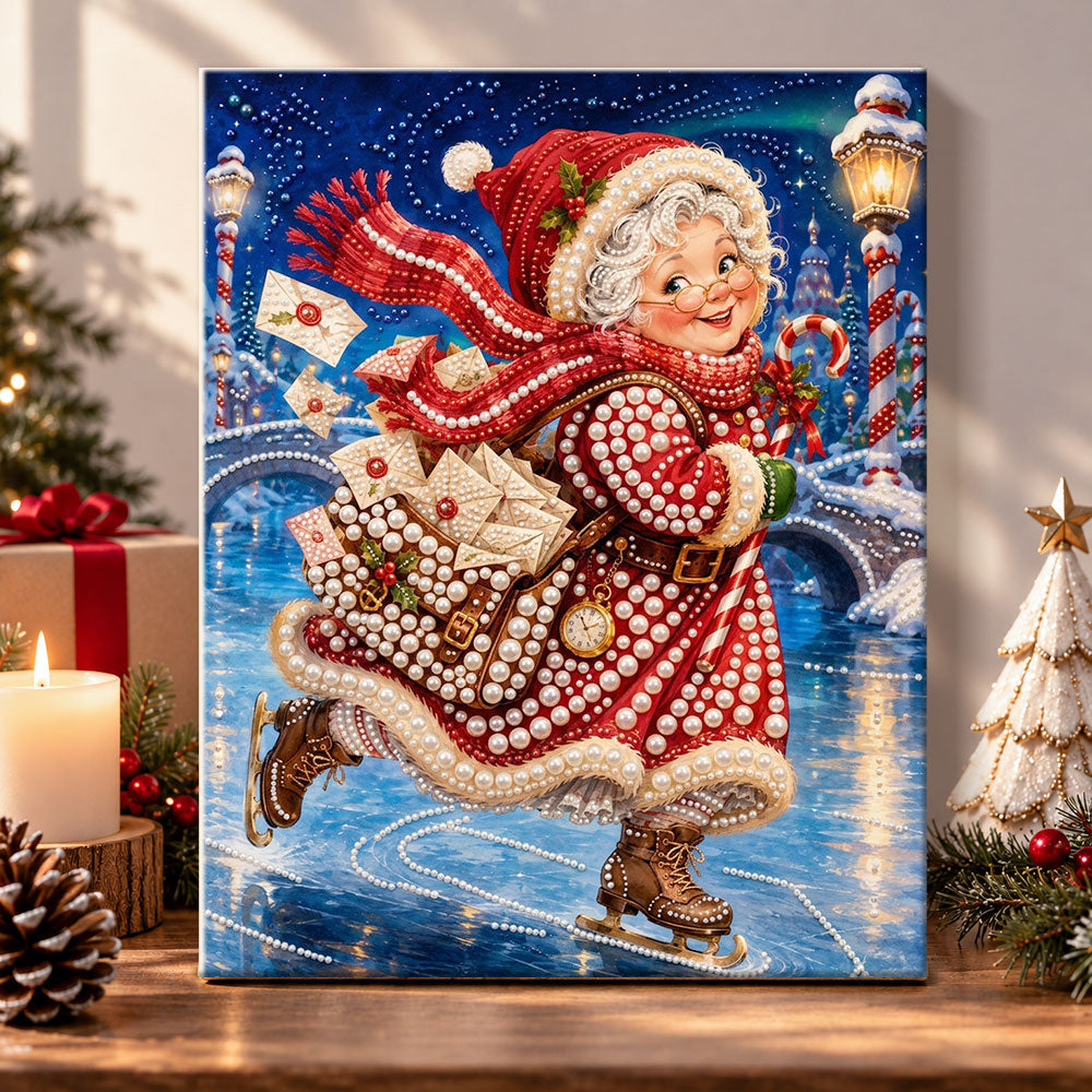 Mrs claus ice‑skating pearl diamond painting kit for beginners