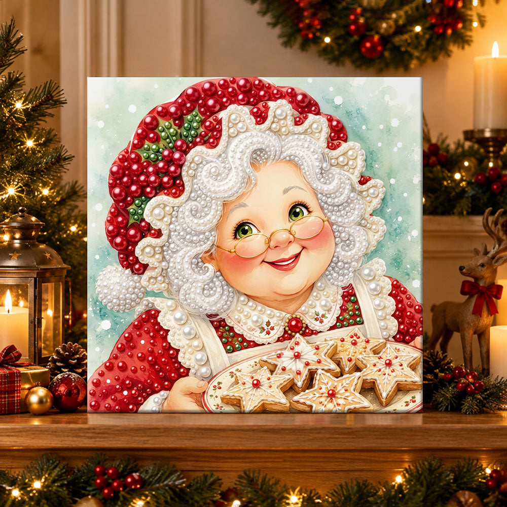 Finished mrs claus with gingerbread cookies pearl diamond painting artwork displayed as holiday home decor