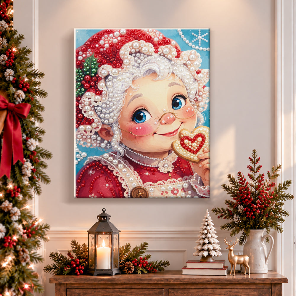 Finished mrs claus with heart cookie pearl diamond painting artwork displayed as holiday home decor