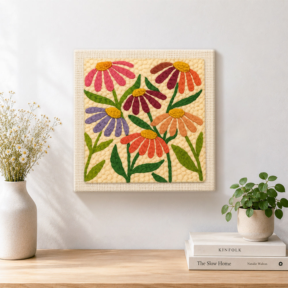 Finished multicolor daisies artwork displayed on a wall