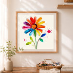 Finished multicolor watercolor bloom cross stitch artwork displayed as home decor