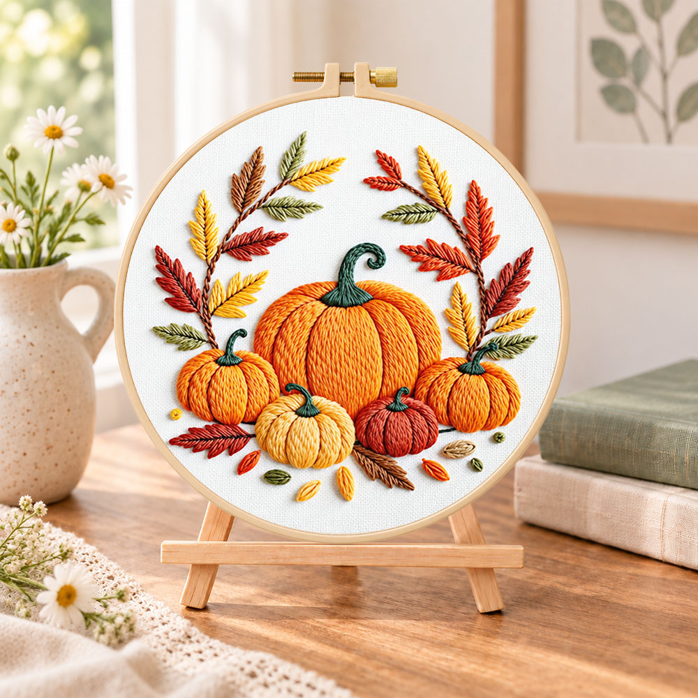 Multiple pumpkins with autumn leaves embroidery kit finished hoop displayed on a wooden stand as cozy tabletop decor
