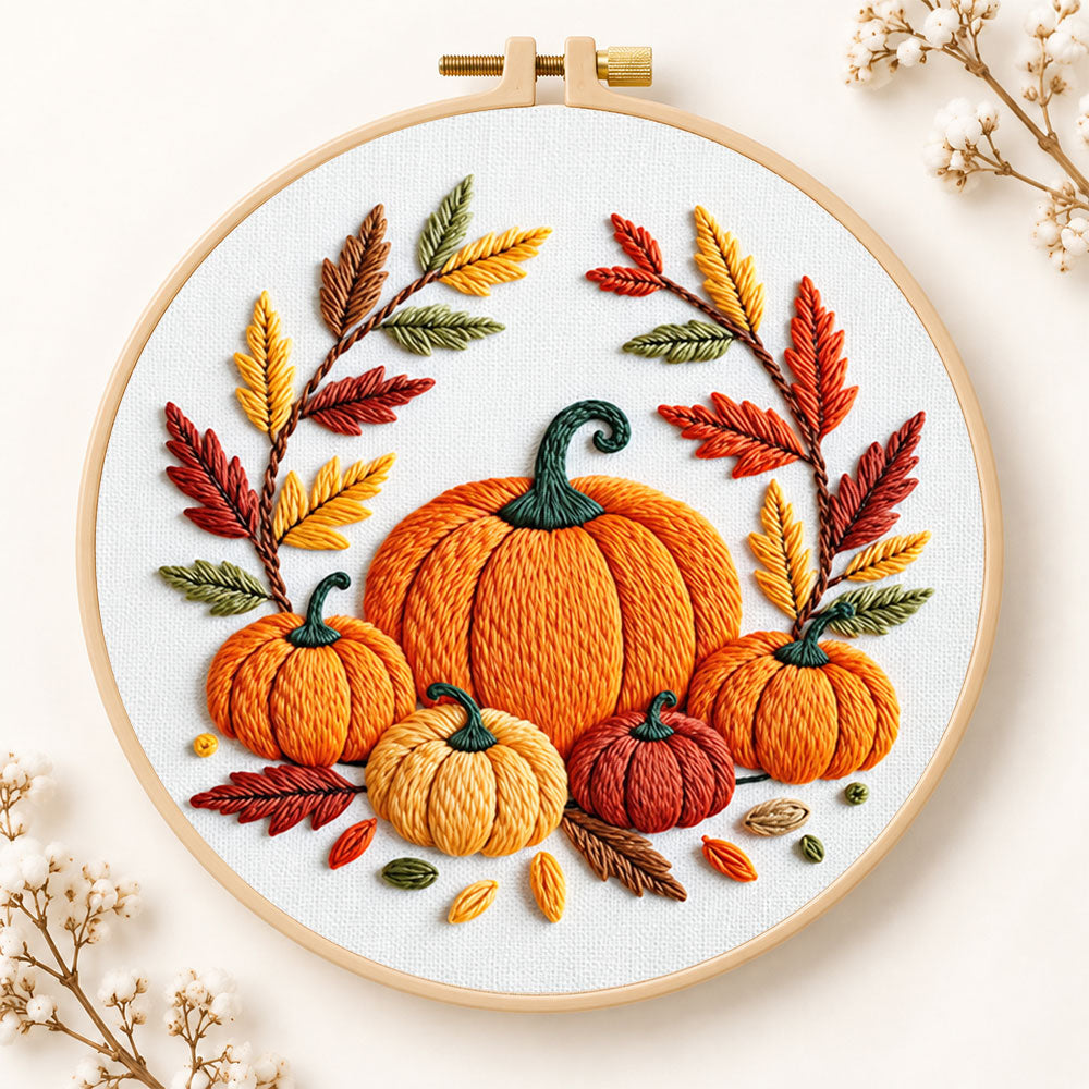 Multiple pumpkins with autumn leaves embroidery kit