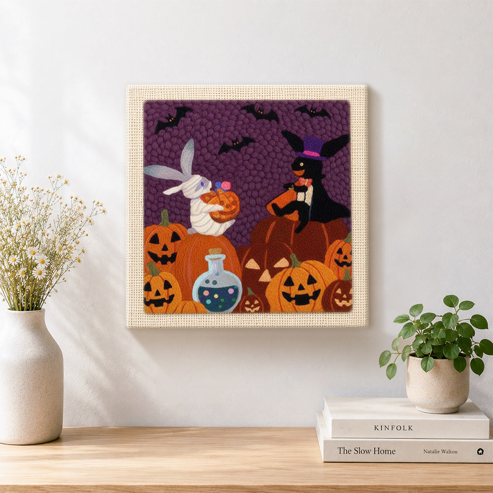 Finished mummy bunny halloween artwork displayed on a wall