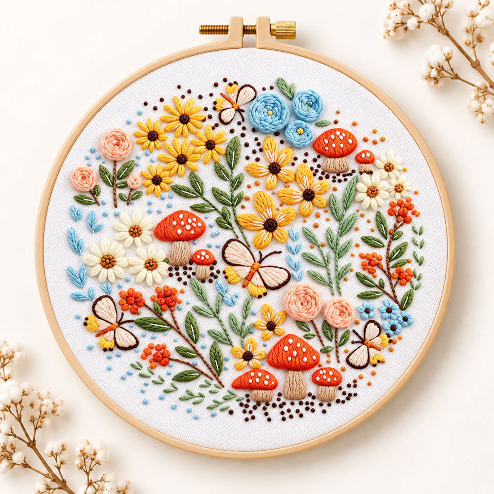 Mushroom and butterfly garden embroidery kit