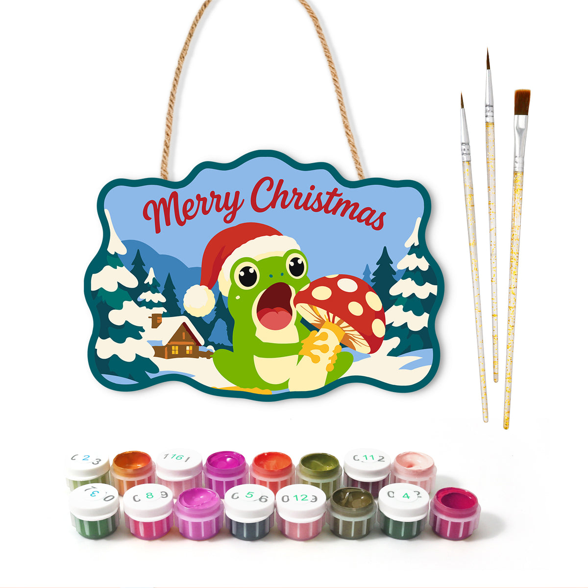 Mushroom and frog holiday paint by numbers door hanger with paints and brushes