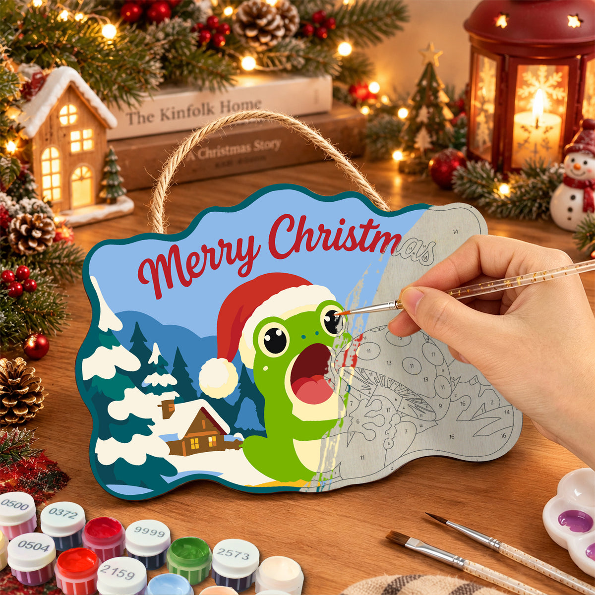 Mushroom and frog holiday paint by numbers door hanger painting process