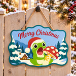 Mushroom and frog holiday paint by numbers door hanger on a garden gate