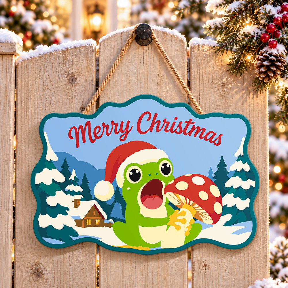 Mushroom and frog holiday paint by numbers door hanger on a garden gate