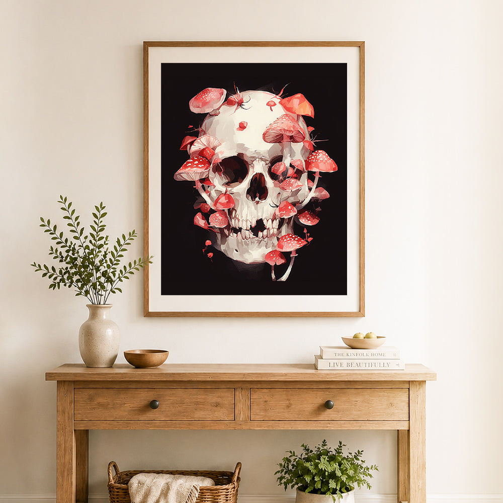 Finished mushroom covered skull cross stitch artwork displayed as home decor