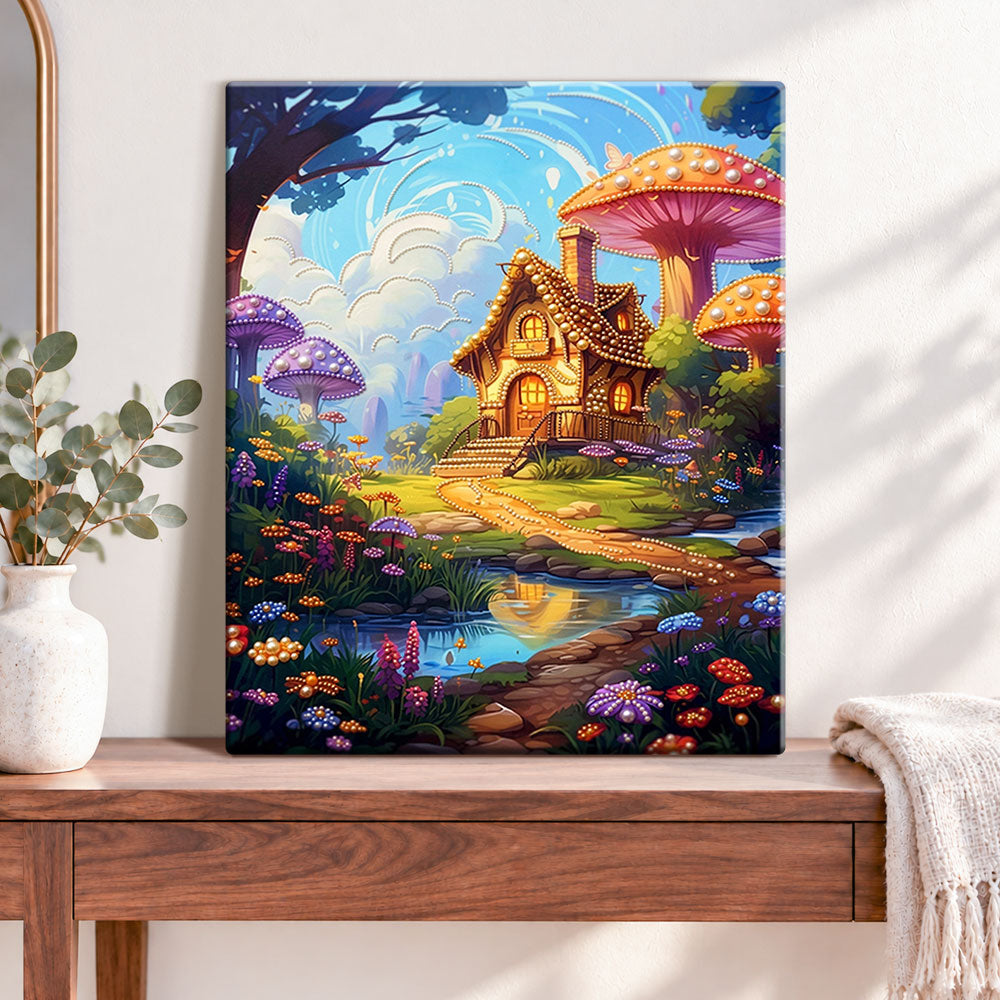 Finished mushroom fairy cottage pearl diamond painting artwork displayed as home decor