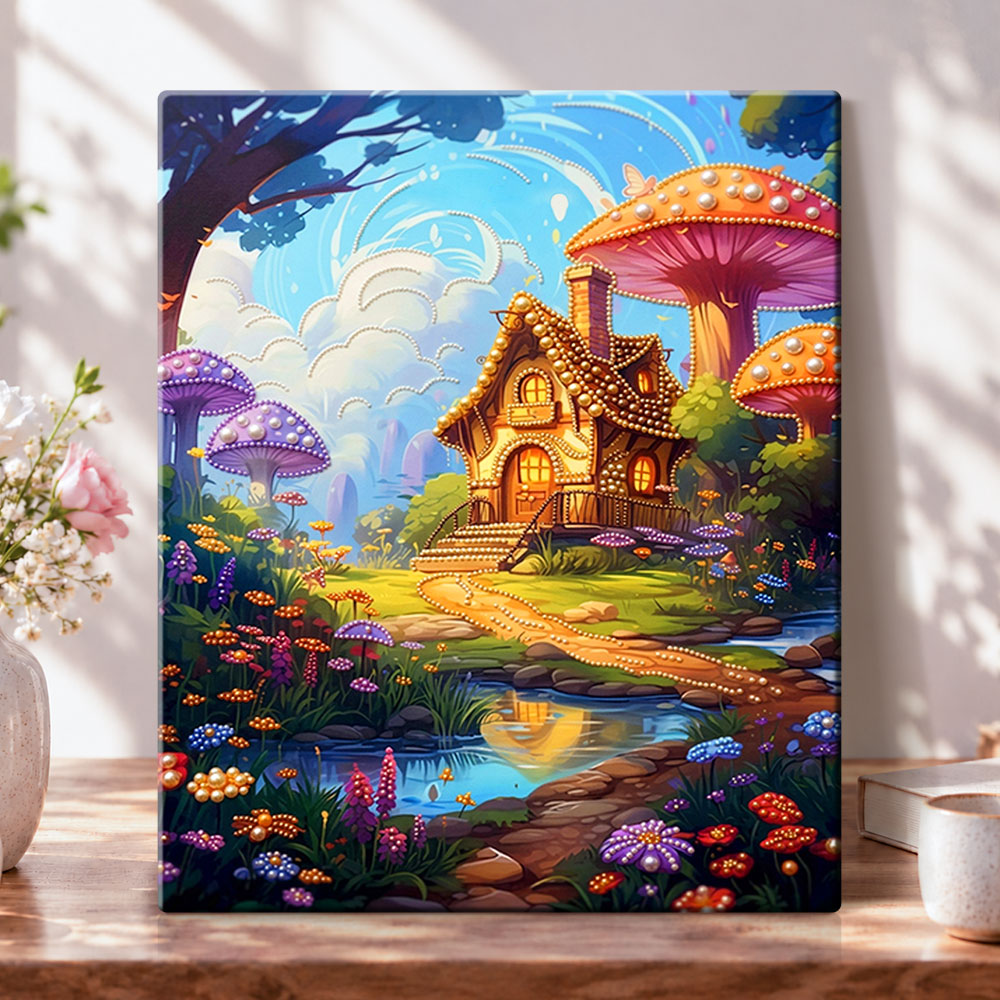 Mushroom fairy cottage pearl diamond painting kit for beginners