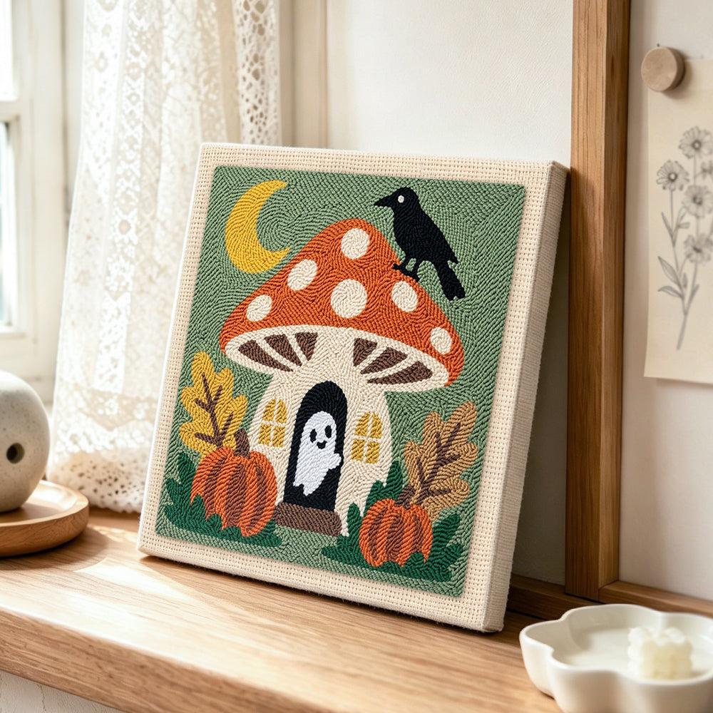 Mushroom fairy house with little ghost punch needle artwork displayed on a table