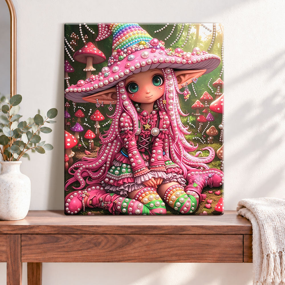 Finished mushroom forest elf pearl diamond painting artwork displayed as home decor