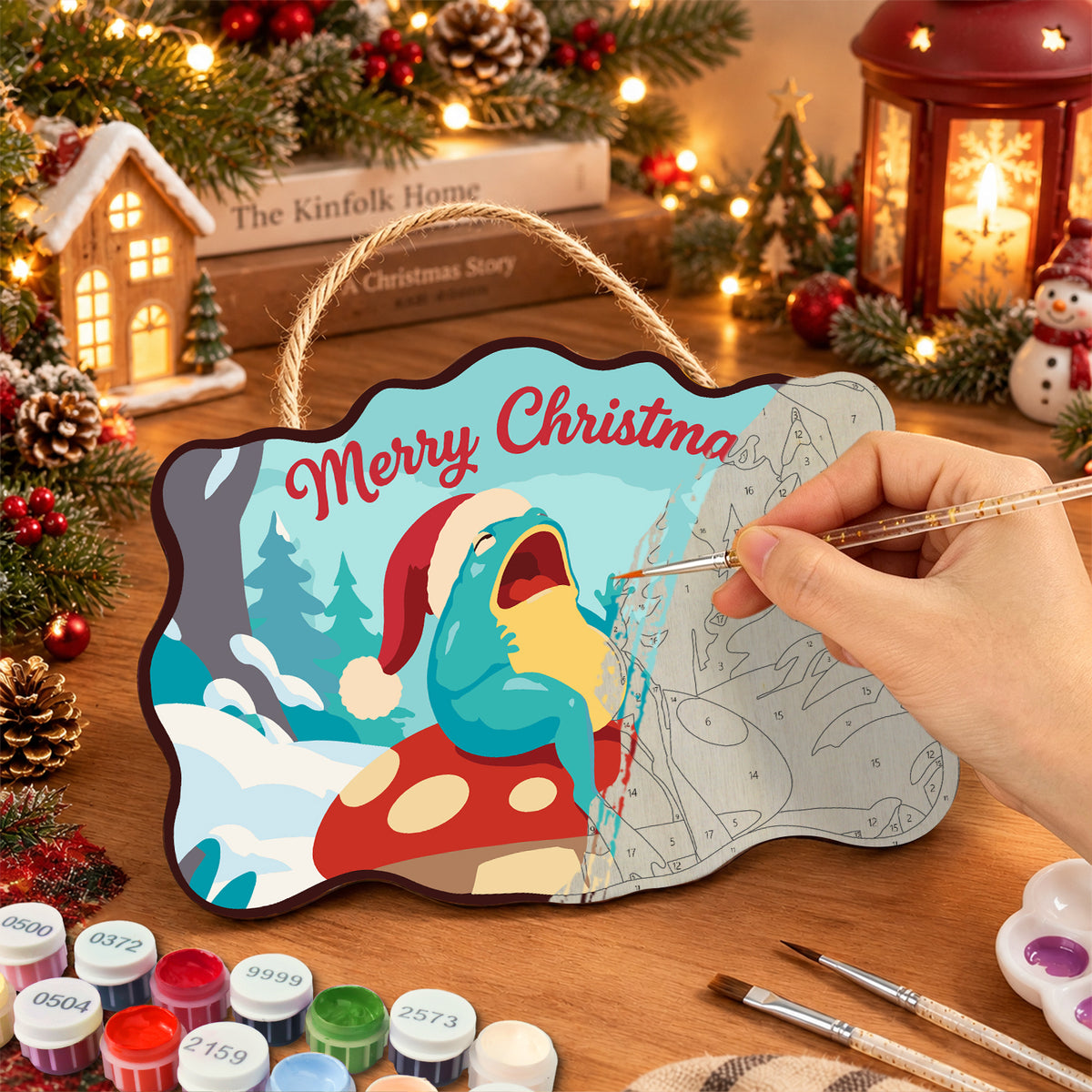 Mushroom frog christmas paint by numbers door hanger painting process