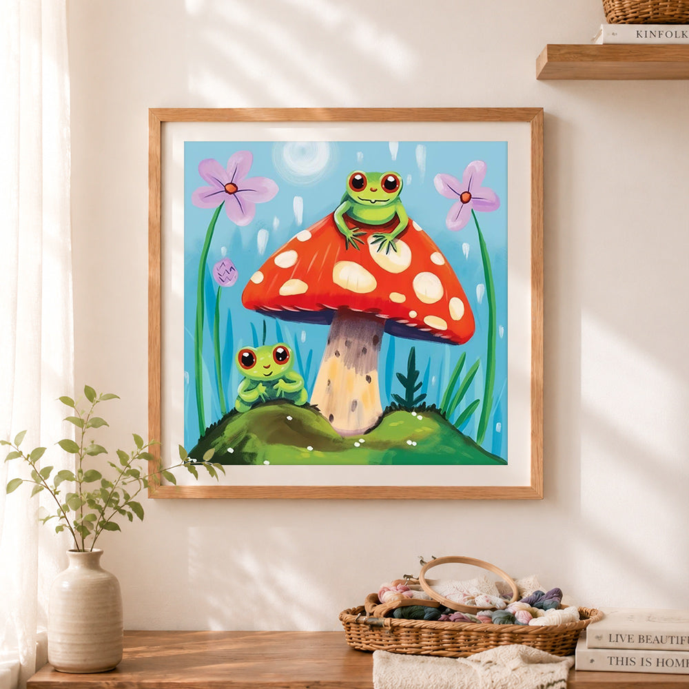 Finished mushroom frog friends cross stitch artwork displayed as home decor