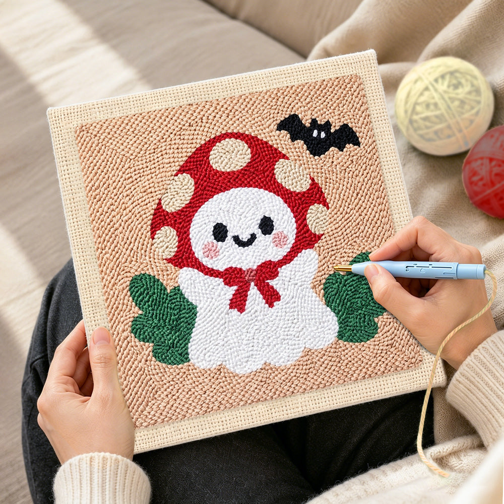 Creating handmade mushroom hat little ghost punch needle artwork