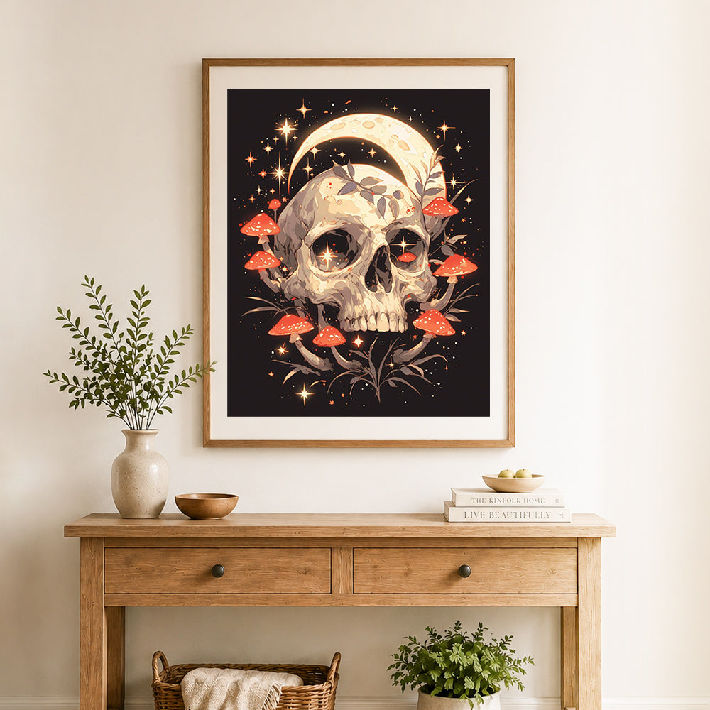 Finished mushroom moon skull art cross stitch artwork displayed as home decor
