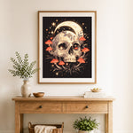 Finished mushroom moon skull art cross stitch artwork displayed as home decor