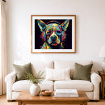 Finished music loving pup cross stitch artwork displayed as home decor