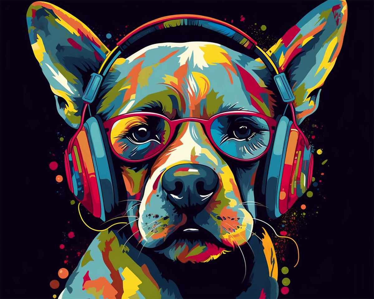 Music loving pup cross stitch kit for beginners