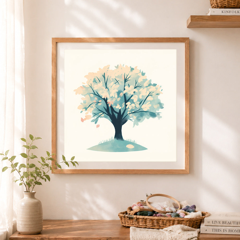 Finished muted teal spring tree cross stitch artwork displayed as home decor