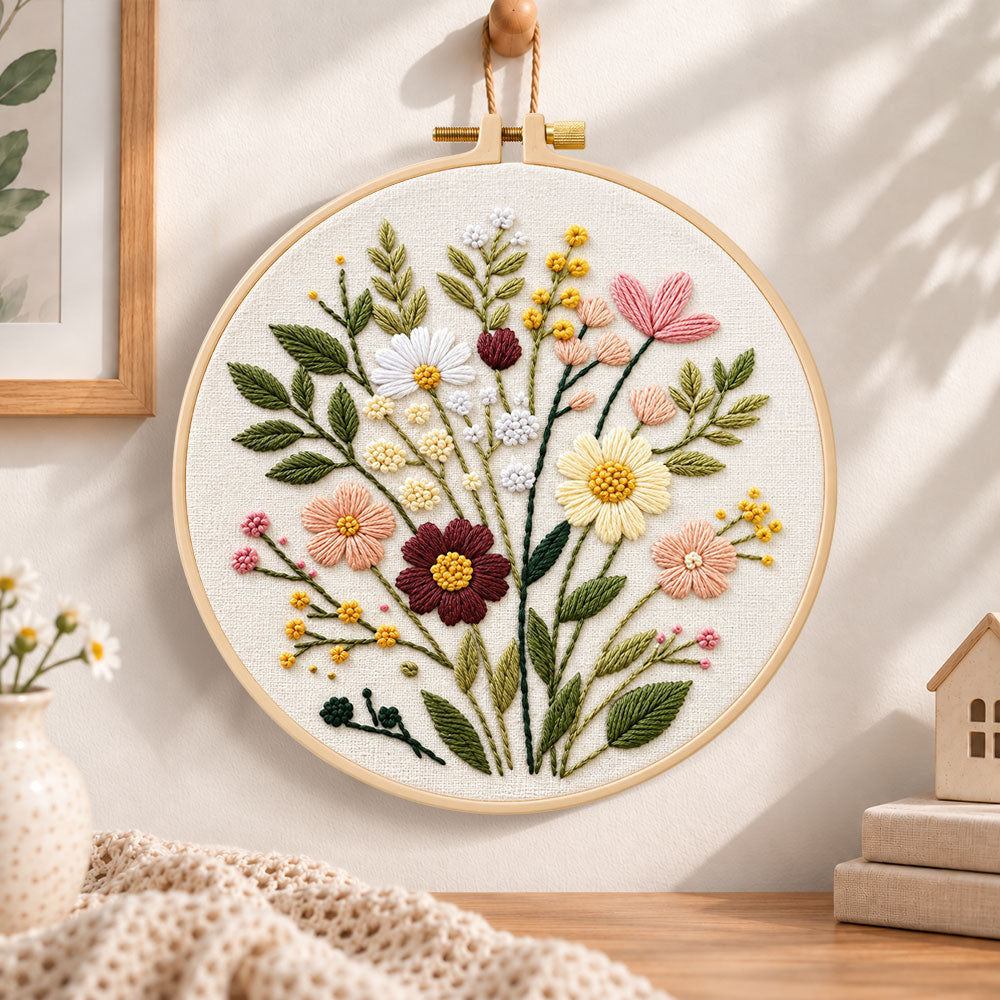 Muted tone bouquet embroidery hoop wall art displayed as warm and cozy handmade home decor