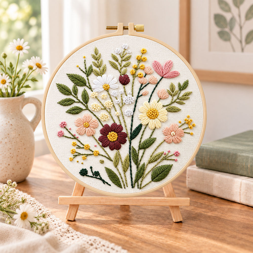 Muted tone bouquet embroidery kit finished hoop displayed on a wooden stand as cozy tabletop decor